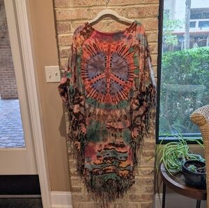 Tie-Dye Fringe Kimono with Peace Mandala